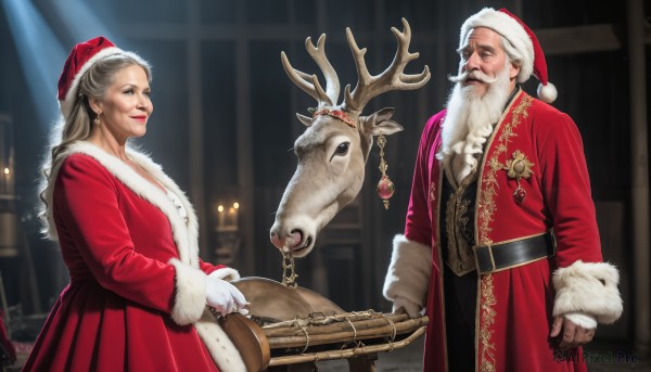 HQ,1girl,long hair,smile,gloves,long sleeves,1boy,hat,dress,jewelry,white hair,grey hair,earrings,belt,white gloves,lips,coat,fur trim,facial hair,chain,red dress,instrument,christmas,red headwear,beard,santa hat,santa costume,mustache,antlers,old,red coat,old man,reindeer,animal,scar,realistic,manly,blind