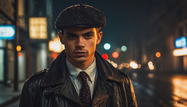 solo,looking at viewer,short hair,shirt,black hair,1boy,hat,closed mouth,jacket,white shirt,upper body,male focus,outdoors,necktie,collared shirt,dark skin,blurry,black eyes,lips,black jacket,black headwear,night,depth of field,blurry background,facial hair,beret,thick eyebrows,black necktie,realistic,leather,leather jacket,brown eyes,open clothes,open jacket,wing collar,portrait,city,stubble,very short hair,bokeh,city lights