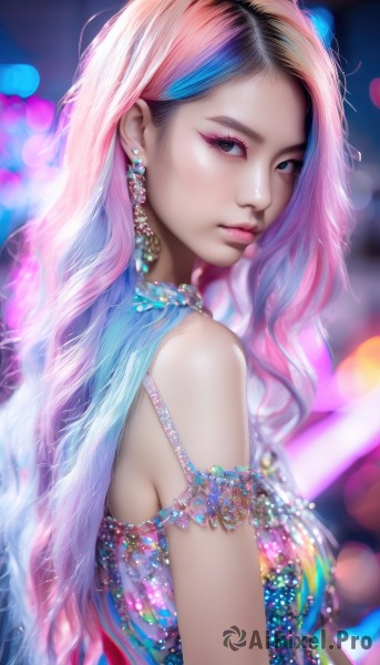 1girl,solo,long hair,breasts,looking at viewer,blue eyes,black hair,hair ornament,bare shoulders,jewelry,medium breasts,closed mouth,blue hair,upper body,pink hair,multicolored hair,earrings,artist name,necklace,blurry,black eyes,from side,two-tone hair,lips,looking to the side,eyelashes,makeup,depth of field,blurry background,wavy hair,gem,armlet,eyeshadow,realistic,nose,eyeliner,bokeh,mascara,dress,watermark,lipstick,web address,multicolored clothes,lens flare,pearl (gemstone)