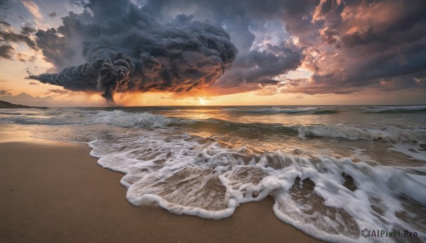 outdoors, sky, cloud, water, dutch angle, no humans, ocean, beach, cloudy sky, fire, scenery, smoke, sunset, sand, waves, shore