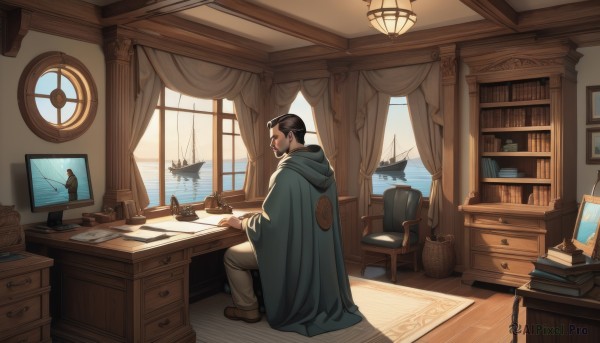 solo,short hair,black hair,1boy,sitting,male focus,day,pants,indoors,hood,water,from behind,cape,book,window,facial hair,ocean,chair,brown footwear,table,curtains,cloak,beard,desk,wooden floor,paper,bookshelf,lamp,watercraft,book stack,ship,globe,desk lamp,brown hair,aircraft,map,quill,open window,portrait (object),inkwell