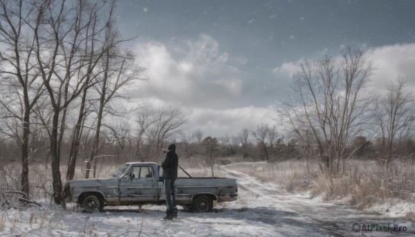 1girl,solo,short hair,black hair,long sleeves,1boy,holding,standing,jacket,male focus,outdoors,sky,shoes,pants,cloud,hood,from behind,black footwear,tree,black jacket,cloudy sky,denim,ground vehicle,nature,scenery,motor vehicle,snow,forest,jeans,snowing,car,road,wide shot,winter,vehicle focus,bare tree,weapon,day,gun,grass