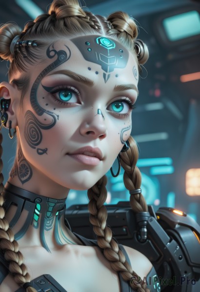 1girl,solo,long hair,looking at viewer,blue eyes,blonde hair,brown hair,jewelry,upper body,braid,earrings,choker,artist name,hair bun,blurry,twin braids,aqua eyes,lips,eyelashes,double bun,tattoo,makeup,blurry background,facial mark,piercing,ear piercing,portrait,close-up,eyeshadow,freckles,science fiction,nose,eyeliner,cyborg,mascara,cyberpunk,neck tattoo,multiple braids,hair ornament,closed mouth,collarbone,lipstick,forehead,forehead mark,realistic,facial tattoo,braided bun,hologram