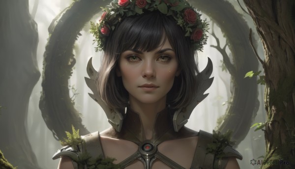 1girl,solo,looking at viewer,short hair,bangs,black hair,hair ornament,closed mouth,green eyes,upper body,flower,outdoors,artist name,hair flower,tree,lips,eyelashes,rose,leaf,plant,red flower,portrait,nature,forest,realistic,nose,head wreath,vines,thorns,brown eyes,yellow eyes,backlighting,fantasy