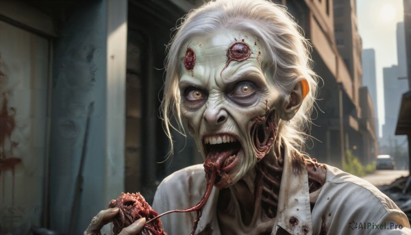 HQ,1girl,solo,looking at viewer,short hair,open mouth,blonde hair,1boy,yellow eyes,white hair,male focus,outdoors,teeth,solo focus,tongue,tongue out,blurry,blood,blurry background,sharp teeth,ground vehicle,building,portrait,motor vehicle,veins,monster,blood on face,city,realistic,car,zombie,horror (theme),guro,eldritch abomination,holding,day,eating,pale skin