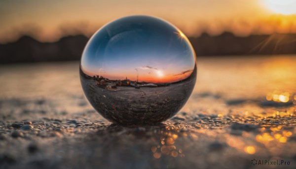 outdoors, sky, cloud, water, blurry, no humans, depth of field, ocean, scenery, lens flare, reflection, sunset, sun, watercraft, ship, boat