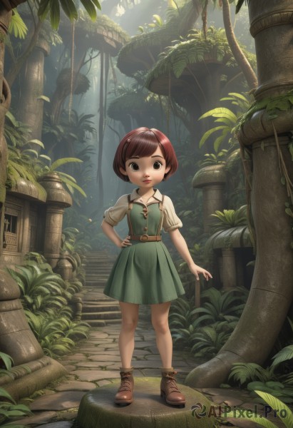 1girl,solo,looking at viewer,short hair,bangs,brown hair,shirt,hair ornament,dress,brown eyes,standing,full body,white shirt,short sleeves,boots,outdoors,parted lips,shoes,day,puffy sleeves,belt,black eyes,tree,puffy short sleeves,lips,hand on hip,swept bangs,leaf,brown footwear,sandals,sunlight,grass,plant,green skirt,child,nature,cross-laced footwear,forest,green dress,light rays,stairs,fantasy,female child,sunbeam,pillar,arch,closed mouth,hairclip,artist name,scenery,pinafore dress,ankle boots,ruins,moss