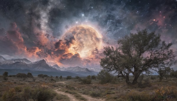 outdoors,sky,cloud,signature,tree,no humans,night,moon,cloudy sky,grass,star (sky),nature,night sky,scenery,full moon,forest,starry sky,mountain,landscape,mountainous horizon,hill