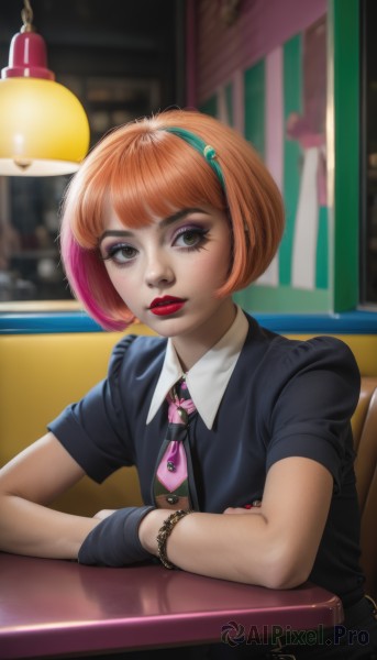 1girl,solo,looking at viewer,short hair,bangs,shirt,brown eyes,jewelry,sitting,closed mouth,upper body,pink hair,short sleeves,multicolored hair,hairband,necktie,collared shirt,artist name,indoors,blunt bangs,nail polish,orange hair,blurry,bracelet,two-tone hair,lips,black shirt,eyelashes,makeup,blurry background,crossed arms,bob cut,lipstick,wristband,eyeshadow,freckles,realistic,nose,red lips,lamp,eyeliner,pink necktie,mascara,brown hair,school uniform,parted lips,signature,window,parody