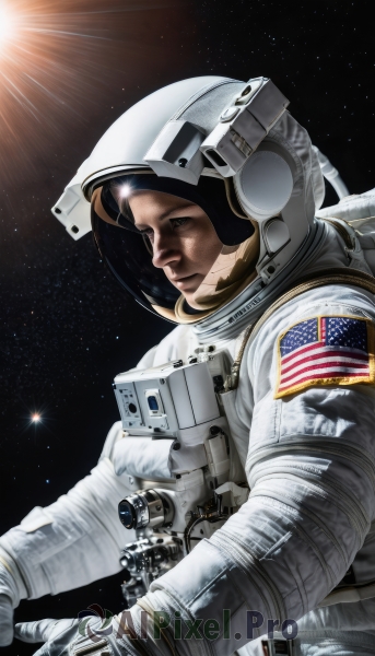 solo,brown hair,1boy,upper body,male focus,from side,profile,helmet,star (sky),science fiction,realistic,sun,space,planet,earth (planet),american flag,spacesuit,japanese flag,united states,astronaut,1girl,gloves,weapon,star (symbol),gun,looking down,starry sky,reflection,spacecraft,space helmet