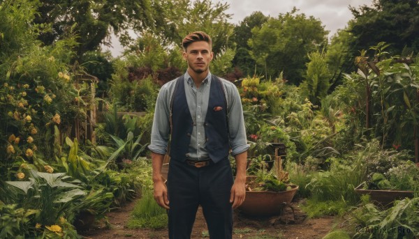 solo,looking at viewer,smile,short hair,brown hair,shirt,black hair,1boy,standing,white shirt,flower,male focus,outdoors,day,collared shirt,belt,pants,vest,tree,facial hair,black pants,plant,nature,scenery,beard,sleeves rolled up,realistic,bush,garden,closed mouth,sky,grass,forest,brown belt,watercraft,blue vest,undercut