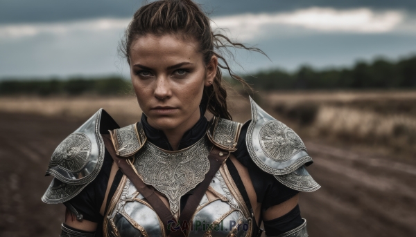 1girl,solo,long hair,looking at viewer,brown hair,brown eyes,jewelry,closed mouth,upper body,braid,earrings,outdoors,sky,day,armor,blurry,black eyes,lips,blurry background,shoulder armor,freckles,pauldrons,breastplate,realistic,chainmail,cloud,dark skin,dark-skinned female,serious