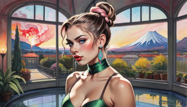 1girl,solo,breasts,looking at viewer,blush,short hair,blue eyes,large breasts,brown hair,hair ornament,dress,cleavage,bare shoulders,jewelry,medium breasts,collarbone,upper body,earrings,choker,indoors,hair bun,lips,window,makeup,single hair bun,fire,plant,lipstick,green dress,mountain,nose,red lips,potted plant,building,green bikini,green choker