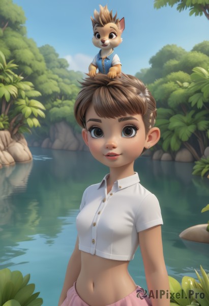 1girl,breasts,looking at viewer,smile,short hair,open mouth,bangs,skirt,brown hair,shirt,1boy,navel,brown eyes,jewelry,standing,white shirt,upper body,short sleeves,earrings,small breasts,outdoors,parted lips,sky,teeth,day,midriff,collared shirt,water,stomach,tree,blue sky,lips,crop top,buttons,siblings,animal,wing collar,nature,furry,pink skirt,freckles,rock,furry female,on head,stud earrings,cropped shirt,lake,lily pad,pond,buck teeth,animal ears,vest,upper teeth only,thick eyebrows,plant,reflection,blue vest,river