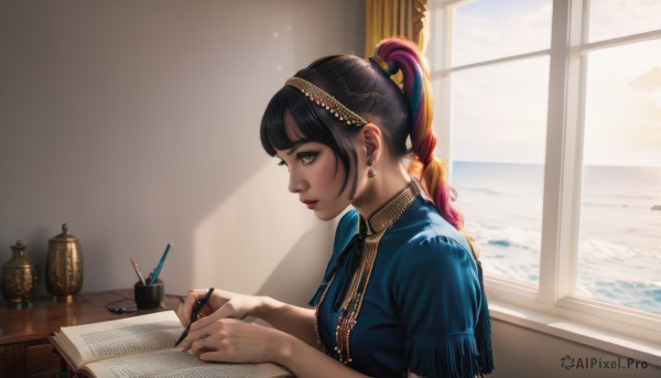 1girl,solo,long hair,bangs,black hair,hair ornament,holding,brown eyes,jewelry,sitting,closed mouth,upper body,ponytail,purple hair,multicolored hair,hairband,earrings,day,indoors,water,necklace,from side,lips,book,window,profile,makeup,ocean,table,sunlight,ring,curtains,open book,realistic,nose,pen,pencil,holding pen,writing,quill,nib pen (object),short sleeves,sky,cloud,desk