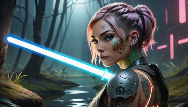 1girl,solo,looking at viewer,short hair,blue eyes,jewelry,closed mouth,upper body,ponytail,weapon,pink hair,braid,earrings,outdoors,sword,armor,from side,tree,lips,tattoo,makeup,glowing,facial mark,piercing,ear piercing,nature,forest,science fiction,short ponytail,nose,stud earrings,undercut,facial tattoo,cyborg,energy sword,cyberpunk,laser,hologram,lightsaber,purple hair,water,eyelashes,realistic