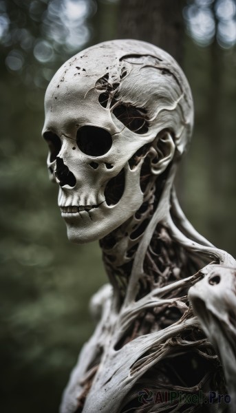 solo,smile,1boy,upper body,male focus,teeth,blurry,from side,no humans,depth of field,blurry background,bug,veins,skull,monster,realistic,bald,skeleton,alien,horror (theme),bone