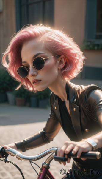 1girl,solo,short hair,shirt,long sleeves,jewelry,jacket,upper body,pink hair,earrings,outdoors,parted lips,teeth,day,pants,artist name,blurry,lips,black jacket,buttons,depth of field,blurry background,sunlight,sunglasses,denim,ground vehicle,motor vehicle,androgynous,freckles,watch,jeans,realistic,round eyewear,wristwatch,stud earrings,road,riding,leather,bicycle,leather jacket,aviator sunglasses,looking at viewer,glasses,signature,bracelet,open jacket,black shirt,eyelashes,piercing,backlighting,nose