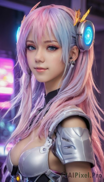 1girl,solo,long hair,breasts,looking at viewer,smile,bangs,blue eyes,hair ornament,cleavage,jewelry,medium breasts,upper body,pink hair,multicolored hair,earrings,armor,blurry,lips,makeup,blurry background,headgear,shoulder armor,science fiction,realistic,nose,closed mouth,small breasts,artist name,from side,eyelashes,gradient hair