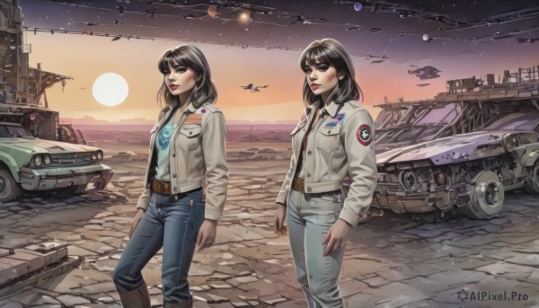 long hair,breasts,looking at viewer,multiple girls,shirt,black hair,2girls,brown eyes,jewelry,jacket,boots,outdoors,open clothes,necktie,sky,belt,pants,medium hair,uniform,black eyes,lips,military,military uniform,makeup,white jacket,blue shirt,denim,ground vehicle,star (sky),motor vehicle,starry sky,science fiction,sunset,jeans,realistic,aircraft,sun,emblem,military vehicle,car,airplane,space,vehicle focus,planet,spacecraft,desert,jet,fighter jet,brown hair,long sleeves,scenery,radio antenna