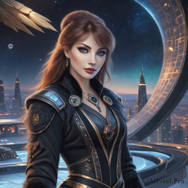 1girl,solo,long hair,breasts,looking at viewer,smile,blue eyes,brown hair,long sleeves,cleavage,jewelry,medium breasts,upper body,earrings,outdoors,sky,water,necklace,lips,coat,grey eyes,fur trim,makeup,night,watermark,moon,feathers,lipstick,building,musical note,star (sky),night sky,full moon,pendant,eyeshadow,starry sky,city,realistic,nose,fantasy,red lips,eyeliner,cityscape,city lights,bangs,dress,artist name,signature,armor,gem,hyur