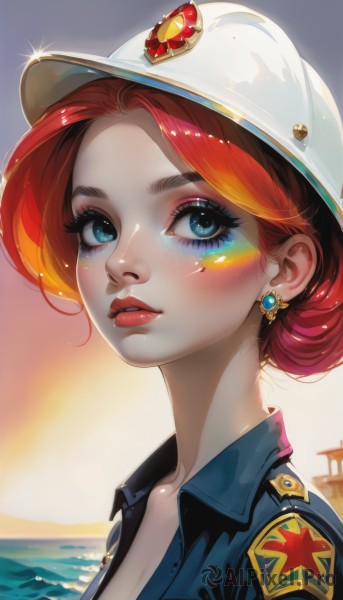 1girl,solo,breasts,looking at viewer,short hair,blue eyes,hat,cleavage,jewelry,collarbone,upper body,red hair,multicolored hair,earrings,outdoors,parted lips,sky,teeth,shiny,water,hair bun,star (symbol),orange hair,uniform,from side,lips,eyelashes,makeup,ocean,white headwear,single hair bun,lipstick,gem,portrait,lens flare,eyeshadow,freckles,sunset,pink lips,glint,nose,sun,red lips,eyeliner,badge,police,police uniform,policewoman,mascara,blush,jacket,sparkle,helmet