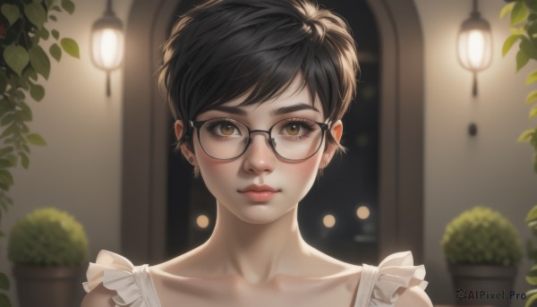 1girl,solo,looking at viewer,smile,short hair,bangs,black hair,brown eyes,jewelry,closed mouth,collarbone,earrings,frills,glasses,artist name,indoors,blurry,lips,eyelashes,depth of field,blurry background,piercing,plant,portrait,freckles,black-framed eyewear,realistic,nose,stud earrings,potted plant,blush,dress,upper body,sleeveless,white dress,makeup,swept bangs,thick eyebrows,lipstick,semi-rimless eyewear,pink lips,red lips,light,very short hair,mascara,brown-framed eyewear