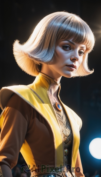 1girl,solo,looking at viewer,short hair,bangs,blonde hair,long sleeves,dress,brown eyes,jewelry,closed mouth,jacket,upper body,white hair,parted lips,blunt bangs,blurry,lips,makeup,blurry background,bob cut,brooch,gem,backlighting,realistic,nose,yellow jacket,breasts,brown hair,vest,black background,flipped hair