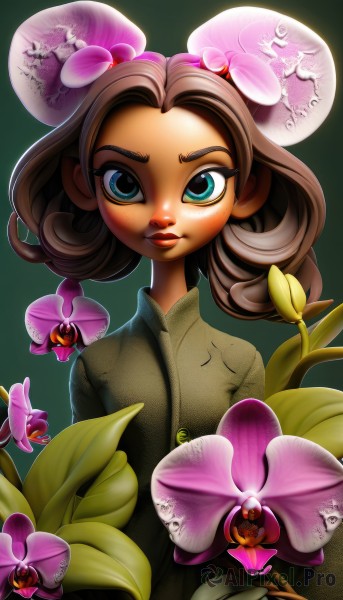 1girl,solo,looking at viewer,short hair,blue eyes,simple background,brown hair,hair ornament,closed mouth,green eyes,upper body,flower,japanese clothes,hair flower,kimono,lips,eyelashes,makeup,leaf,plant,lipstick,androgynous,green background,moon,child,full moon,pink flower,nose