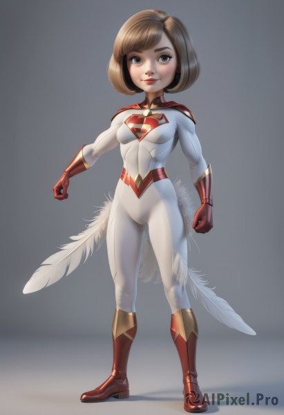 1girl,solo,breasts,looking at viewer,smile,short hair,blue eyes,brown hair,gloves,closed mouth,standing,full body,small breasts,boots,grey background,cape,lips,grey eyes,bodysuit,bob cut,feathers,red footwear,skin tight,red gloves,clenched hands,white bodysuit,superhero,bangs,simple background,brown eyes,medium breasts,black eyes