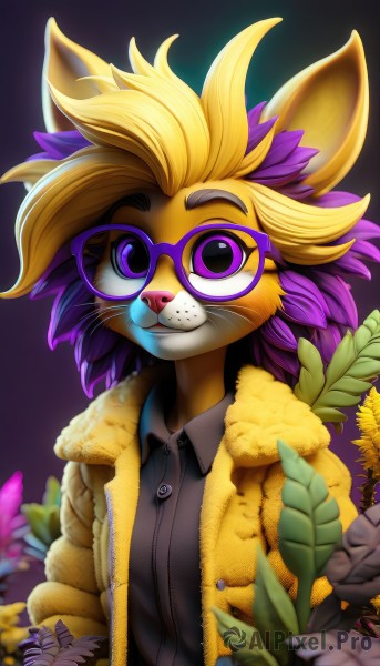 solo,looking at viewer,smile,blonde hair,simple background,shirt,long sleeves,1boy,animal ears,closed mouth,standing,purple eyes,jacket,upper body,purple hair,flower,male focus,multicolored hair,open clothes,glasses,collared shirt,artist name,cat ears,signature,blurry,two-tone hair,open jacket,coat,gradient,black shirt,gradient background,gradient hair,:3,buttons,depth of field,blurry background,leaf,happy,plant,furry,purple background,hands in pockets,round eyewear,purple flower,furry female,yellow jacket,furry male,body fur,animal nose,whiskers,two-tone fur,yellow fur,purple-framed eyewear,1girl,short hair,dress shirt,watermark,wing collar,spiked hair,black background,web address,zipper,freckles,brown jacket,sunflower,snout,brown fur