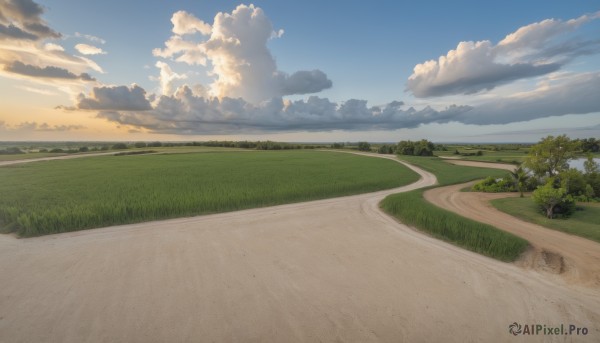 outdoors,sky,day,cloud,tree,blue sky,no humans,cloudy sky,grass,nature,scenery,sunset,road,bush,field,landscape,path,hill,monochrome,sand