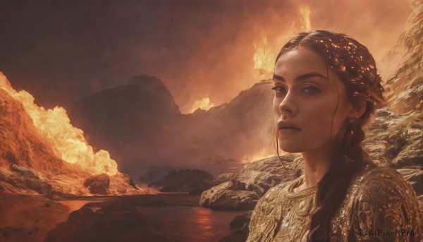 Image of a female in a peaceful fiery outdoors