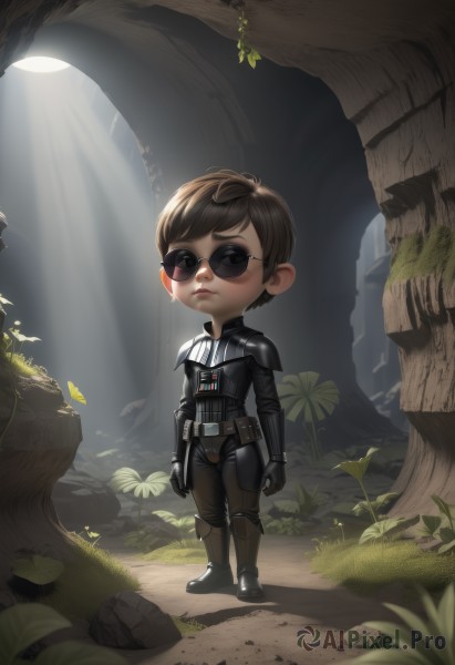 solo,looking at viewer,short hair,brown hair,gloves,1boy,brown eyes,closed mouth,standing,full body,male focus,boots,outdoors,black gloves,belt,pants,chibi,armor,tree,frown,sunlight,sunglasses,bug,plant,shoulder armor,butterfly,nature,forest,pauldrons,light rays,rock,shoulder pads,jacket,lips,leaf,grass,light,leather