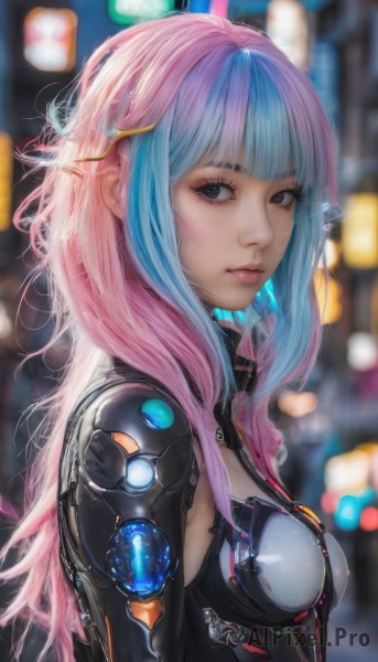 1girl,solo,long hair,breasts,looking at viewer,bangs,hair ornament,brown eyes,medium breasts,closed mouth,blue hair,upper body,pink hair,multicolored hair,artist name,blunt bangs,blurry,black eyes,from side,two-tone hair,lips,grey eyes,bodysuit,makeup,depth of field,blurry background,science fiction,realistic,nose,cyborg,cyberpunk,blue eyes,small breasts,armor,streaked hair,eyelashes,freckles,bokeh