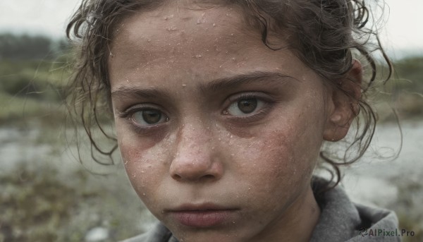 1girl,solo,looking at viewer,short hair,brown hair,brown eyes,closed mouth,outdoors,day,blurry,lips,wet,depth of field,blurry background,wind,messy hair,portrait,close-up,forehead,freckles,realistic,nose,dirty,black hair,sweat,eyelashes,expressionless