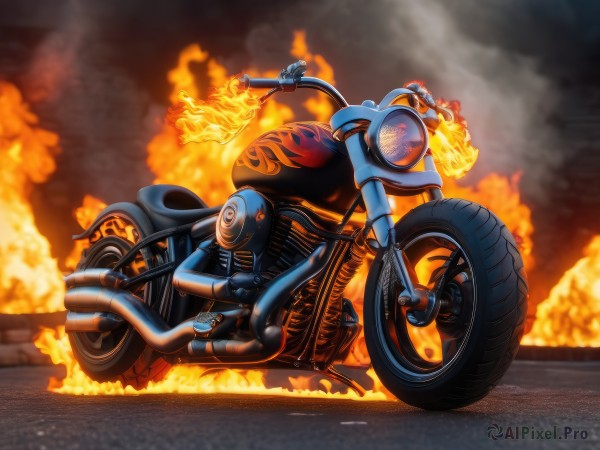 solo,outdoors,no humans,fire,ground vehicle,motor vehicle,smoke,road,explosion,motorcycle,burning,on motorcycle,blurry,vehicle focus