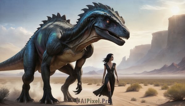 HQ,1girl,solo,long hair,breasts,open mouth,black hair,red eyes,dress,cleavage,medium breasts,standing,tail,boots,outdoors,sky,teeth,day,cloud,black footwear,black dress,high heels,sharp teeth,claws,walking,monster,mountain,realistic,dragon,sun,desert,dust,dinosaur,kaijuu,scenery,long dress