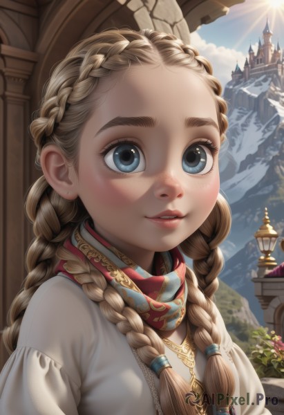 1girl,solo,long hair,looking at viewer,smile,blue eyes,blonde hair,brown hair,jewelry,upper body,braid,flower,outdoors,parted lips,sky,teeth,day,puffy sleeves,cloud,necklace,twin braids,blue sky,lips,eyelashes,sunlight,plant,building,hair over shoulder,forehead,freckles,mountain,realistic,nose,fantasy,sun,castle,multiple braids,blush,dress,artist name,thick eyebrows,cloudy sky,crown braid