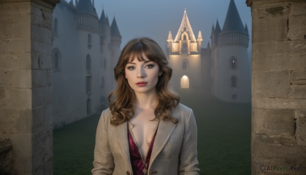 1girl,solo,long hair,breasts,looking at viewer,smile,brown hair,cleavage,brown eyes,jewelry,medium breasts,jacket,upper body,outdoors,open clothes,necklace,lips,grey eyes,makeup,wavy hair,lipstick,building,realistic,castle,bangs,shirt,parted lips,sky,teeth,scenery