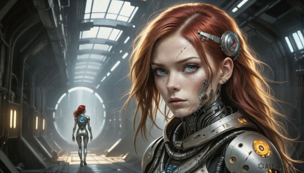 HQ,1girl,solo,long hair,looking at viewer,blue eyes,brown hair,jewelry,ass,earrings,parted lips,indoors,orange hair,lips,bodysuit,blood,multiple views,scar,freckles,science fiction,injury,blood on face,realistic,nose,cyborg,dirty,hallway,cyberpunk,dirty face,bangs,multiple girls,hair ornament,2girls,standing,red hair,from behind,sunlight,messy hair,light,cable,cuts,spacesuit,scratches,earpiece,hologram