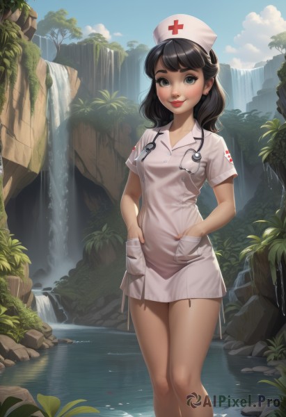 1girl,solo,long hair,breasts,looking at viewer,blush,smile,bangs,blue eyes,black hair,hat,dress,closed mouth,standing,short sleeves,small breasts,outdoors,sky,day,artist name,cloud,medium hair,water,white dress,black eyes,tree,blue sky,lips,grey eyes,bare legs,makeup,short dress,cross,plant,lipstick,nature,wading,pocket,legs together,rock,nose,nurse cap,hands in pockets,red lips,nurse,waterfall,stethoscope,pond,red cross,medium breasts,freckles,cliff