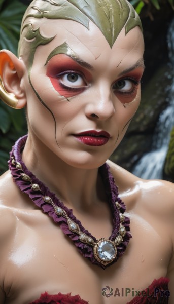 1girl,solo,breasts,looking at viewer,short hair,dress,cleavage,bare shoulders,jewelry,closed mouth,collarbone,upper body,earrings,green hair,water,necklace,blurry,lips,grey eyes,eyelashes,strapless,makeup,facial mark,lipstick,eyeshadow,realistic,red lips,facepaint,very short hair,brown eyes,pointy ears,leaf,genderswap,genderswap (mtf),waterfall