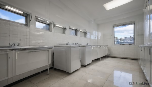 sky,day,cloud,indoors,blue sky,no humans,window,shadow,sunlight,cloudy sky,curtains,building,scenery,reflection,mirror,door,tiles,cityscape,tile floor,bathroom,bathtub,tile wall,kitchen,school,sink,faucet,cabinet,reflective floor,washing machine,refrigerator,stove