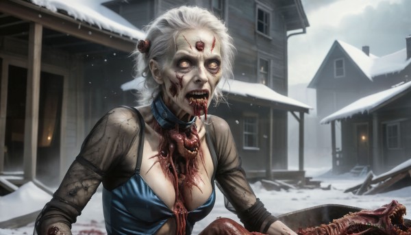 HQ,1girl,solo,breasts,short hair,open mouth,cleavage,medium breasts,yellow eyes,white hair,outdoors,teeth,tongue,tongue out,collar,saliva,blood,makeup,fangs,building,third eye,snow,veins,monster,snowing,eyeball,stitches,house,extra eyes,zombie,horror (theme),guro,looking at viewer,hair ornament,upper body,sky,cloud,window,cloudy sky,lipstick,monster girl,pale skin,injury