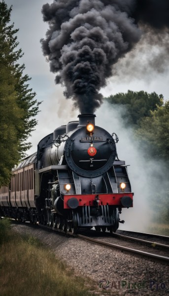 outdoors,sky,day,cloud,tree,military,no humans,grass,fire,ground vehicle,nature,scenery,motor vehicle,forest,smoke,military vehicle,vehicle focus,train,railroad tracks,robot,science fiction