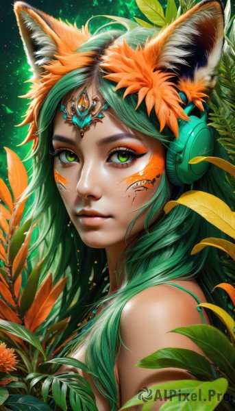 1girl,solo,long hair,looking at viewer,hair ornament,animal ears,bare shoulders,jewelry,green eyes,upper body,flower,parted lips,green hair,artist name,cat ears,dark skin,from side,lips,fox ears,eyelashes,makeup,headphones,leaf,facial mark,plant,slit pupils,portrait,eyeshadow,circlet,nose,eyeliner,facepaint,forehead jewel,hair flower,necklace,watermark,web address,light particles,realistic,mascara