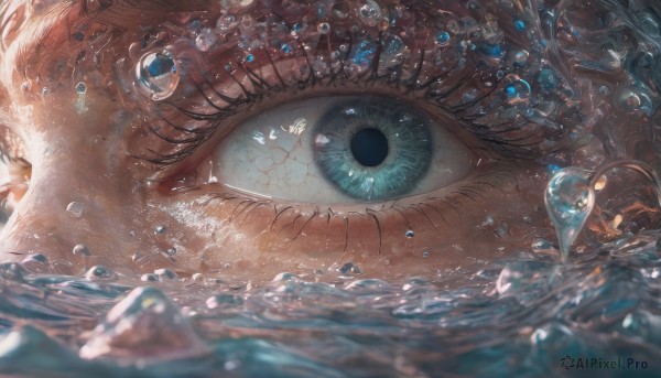 solo, looking at viewer, blue eyes, water, eyelashes, close-up, 1other, reflection, bubble, water drop, air bubble, eye focus