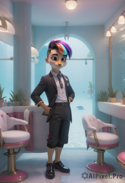 solo,looking at viewer,blush,smile,short hair,shirt,black hair,long sleeves,1boy,standing,jacket,full body,white shirt,purple hair,male focus,multicolored hair,open clothes,necktie,shoes,collared shirt,belt,pants,indoors,dark skin,black footwear,black eyes,two-tone hair,open jacket,streaked hair,black jacket,chair,black pants,formal,table,suit,plant,furry,personification,hands on hips,black belt,hands in pockets,potted plant,lamp,furry male,very short hair,humanization,mohawk,buck teeth,1girl,school uniform,pink hair,reflection,male child