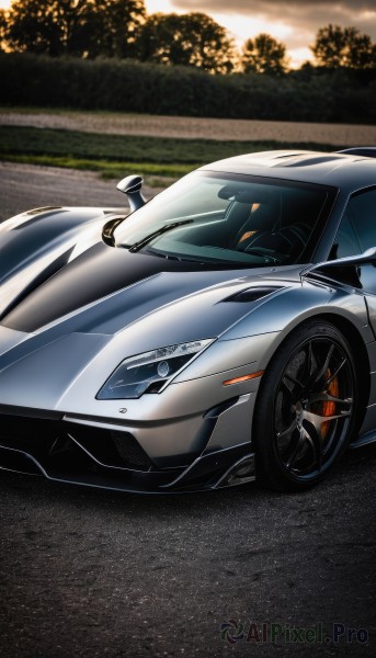 A motor vehicle set against the backdrop of a captivating sunset outdoors